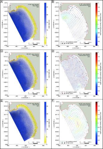 Figure 5. Wave (A) and hydrodynamic (B) model induced by wind blowing from the S; wave (C) and hydrodynamic (D) model induced by wind blowing from the SW; wave (E) and hydrodynamic (F) model induced by wind blowing from the W.