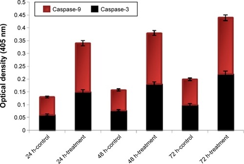 Figure 11 Effects of HA/ZnO nanocomposite treatment on HL-60 cell caspase-3 and -9.