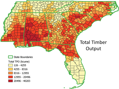 Figure 3. County-level total TPO values predicted by the Random Forest model for the 30-year study period (1986–2015).