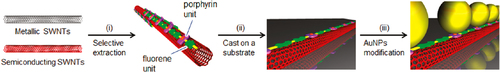 Figure 10. Schematic illustration of the separation of s-SWCNTs using PFO-porphyrin and an attachment of gold nanoparticles (AuNPs). Reprinted with permission from H Ozawa et al 2011 J. Am. Chem. Soc. 133 14771. Copyright 2011 American Chemical Society.