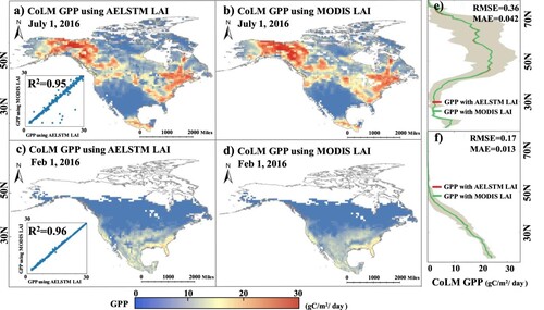 Figure 9. Comparison of the GPP results from the CoLM2014 using MODIS LAI and AELSTM LAI. Subplot (a) and (c) show the GPP predicted using the AELSTM LAI. Subplot (b) and (d) show the GPP predicted using the MODIS LAI. Subplot (e) and (f) present the latitudinal GPP averages, where the shading denotes the standard deviation. The scatter plots in subplot (a) and (c) show the regression analysis of predicted GPP using MODIS LAI and AELSTM LAI from CoLM.