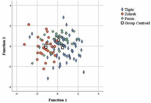 Figure 5. Scatter plot of the canonical discriminant analysis based on meristic variables of the Mesopotamian spiny eel from three river drainages of Iran.