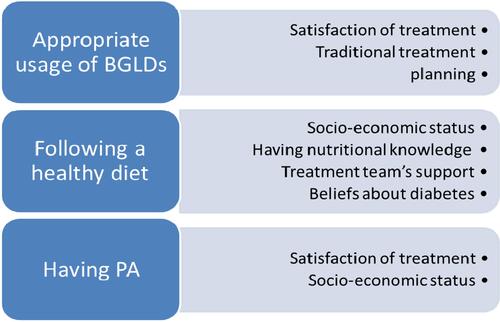 Figure 3 Major themes facilitating self-management among patients with T2DM based on the action stage.Abbreviations: BGLDs, blood-glucose-lowering drugs; PA, physical activity; T2DM, type 2 diabetes mellitus.