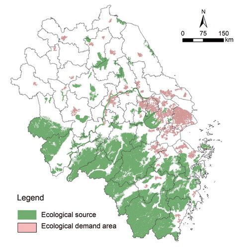 Figure 4. Spatial distribution of ecological source and demand sites in the Yangtze River Delta region in 2020.