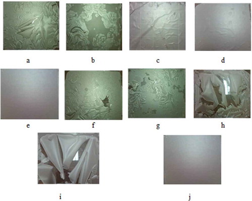 Figure 2. Films produced from waste flour (75% w/v) with glycerol at (a) 10%, (b) 20%, (c) 30%, (d) 40%, and (e) 50% w/w, plasticizer/waste flour, respectively, and sorbitol at (f) 10, (g) 20, (h) 30, (i) 40, and (j) 50% w/w, plasticizer/waste flour.Figura 2. Películas producidas de harina de desperdicio (75% p/v) con glicerol a (a) 10 (b) 20 (c) 30 (d) 40 y (e) 50% p/p, plastificante/harina de desperdicio, respectivamente, y sorbitol a (f) 10, (g) 20, (h) 30, (i) 40 y (j) 50% p/p, plastificante/harina de desperdicio.