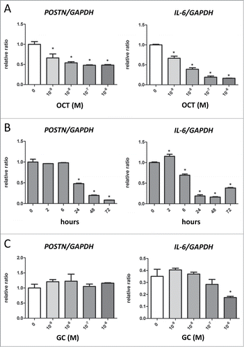 Figure 1. OCT decreases POSTN and IL-6 expressions in mouse dermal fibroblasts. (A and C) Mouse dermal fibroblasts were treated with indicated doses of OCT (A) or cortisol (GC) (C) for 24 h. Expressions of POSTN and IL-6 was measured by RT-PCR. GAPDH served as an internal control. Bars indicate the mean ± SD. N = 4; *P < 0.0001, one-way ANOVA followed by the Bonferroni-Dunn test for multiple comparisons. (B) Mouse dermal fibroblasts were treated with 10−7 M of OCT for the indicated lengths of time. Expressions of POSTN and IL-6 was measured by RT-PCR. GAPDH served as an internal control. Bars indicate the mean ± SD. N = 4; *P < 0.0001, one-way ANOVA followed by the Bonferroni-Dunn test for multiple comparisons.