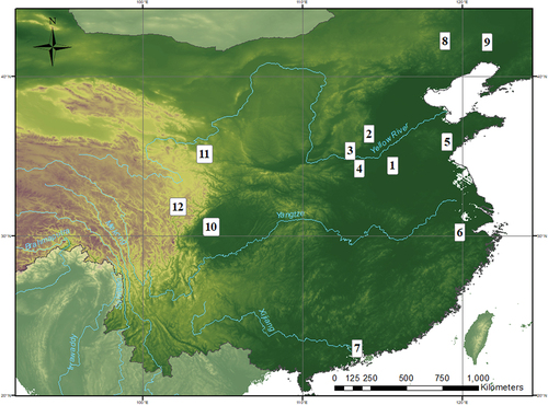 Figure 1. Locations of projects mentioned in the text: 1. Shangqiu, 2. Yinxu, 3. Yiluo River Valley, 4. Zhudingyuan, 5. Rizhao, 6. Liangzhu, 7. Xinghua Basin, 8. Chifeng, 9. Fuxin, 10. Chengdu Plain, 11. Tao River Valley, 12. Ngawa Prefecture.