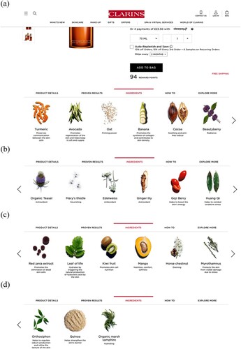 Figure 1. Horizontal listing of the “21 active plant extracts” from left to right Clarins Double Serum (https://www.clarins.co.uk/double-serum/80025863.html).