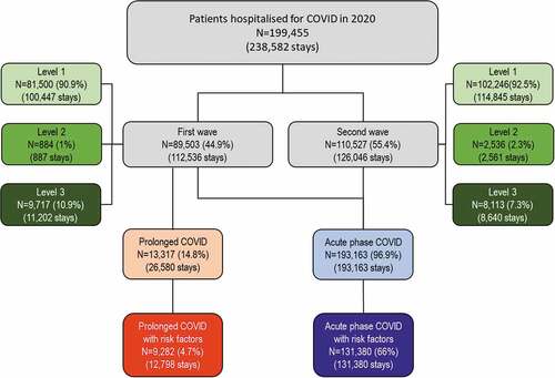 Figure 1. Distribution of patients and stays by wave and intensity of hospitalisation.