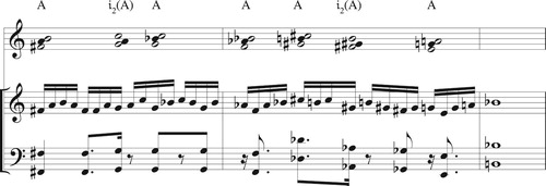 Figure 67. Rudresh Mahanthappa’s 2006 composition “The Decider” is based on the 025 set class, moving the perfect fourth in parallel, the middle voice alternately a major second below the top voice and a major second above the bottom. This is very similar to Figures 45 and 46 above.