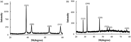Figure 4. X-ray diffraction spectrum of CP-AuNps (a) and CP-AgClNps (b).