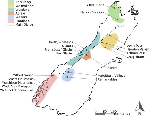 Figure 2. Locations of kea study sites throughout the South Island of New Zealand.