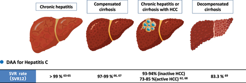 Figure 2 Sustained virologic response (SVR) rate with interferon-free direct-acting antivirals (DAAs) in hepatitis C patients with or without cirrhosis / HCC.