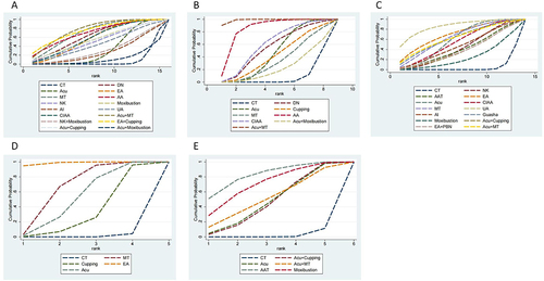 Figure 4 Ranking of the cumulative probabilities for core parameters. (A) VAS score; (B) FIQ score; (C) Number of tenderness points; (D) PSQI score; (E) HAMD score.