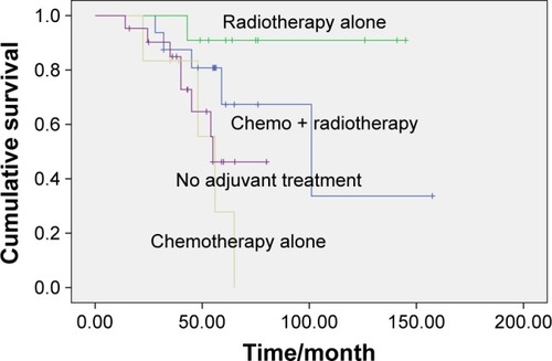 Figure 3 DFS among the radiotherapy alone, radiotherapy and chemotherapy, chemotherapy alone, and no adjuvant treatment group (P=0.013).