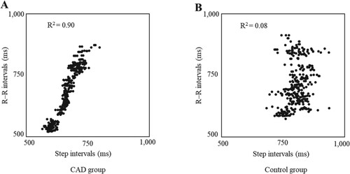 Figure 1. Relationship between R–R intervals and step intervals of representative participants in the coronary artery disease (CAD) and control groups. The R–R interval and step interval during treadmill walking with progressive load are indicated as dots. The coefficient of determination (R2 value) of the R–R interval and step interval represent the intensity of cardiolocomotor coupling. A and B indicate one representative from the CAD and control groups, respectively. A strong relationship can be observed between the R–R interval and step interval in A.