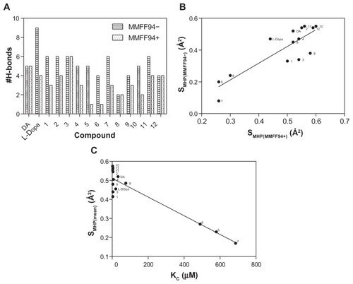 Figure 4 H-bond formation before and after the MMFF94 optimization (A). Relationship between calculated hydrophobic descriptors (B) and Kc values (C) using the linear regression analysis to determine a clustering for examined chemical compounds.Note: SMHP = (Sburied − SH/H)/(Stotal), where SH/H is the hydrophilic match surface, Sburied is the contact (hydrophobic) surface, and Stotal is the total ligand surface.Abbreviations: DA, dopamine; Kc, predicted equilibrium constant; L-DOPA, levodopa; MMFF94, Merck Molecular Force Field (Merck & Co, Whitehouse Station, NJ); MMFF94−, before MMFF94 optimization; MMFF94+, after MMFF94 optimization.