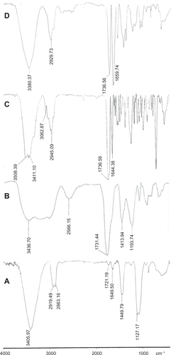 Figure S1 Infrared spectra of the A) oxidized MWNTs, B) MWNT-g-PCA, C) PTX, and D) MWNT-g-PCA-PTX conjugates containing 40% w/w PTX.Abbreviations: MWNT, multiwalled carbon nanotube; PCA, poly citric acid; PTX, paclitaxel.