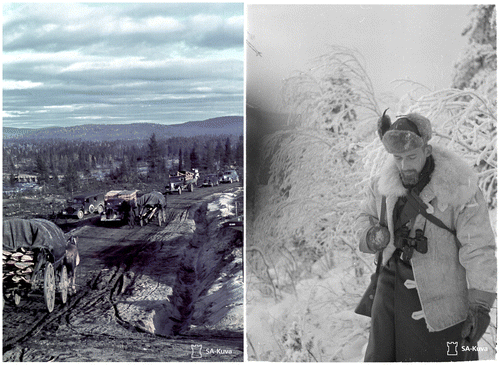 Figure 2. Left: Original caption: ‘Maintenance road on the west bank of the Kotikoski. Wagons part of a German supply train. / Traffic on the Alakurtti road’ (Photograph: Heikki Roivainen/SA-Kuva JSdia006/Alakurtti (Salla) 26.09.1941); Right: Original caption: ‘German “panzer lieutenant” as a fjell climber’ (Photograph: Heikki Roivainen/SA-Kuva 67457/Voittotunturi 15.12.1941).