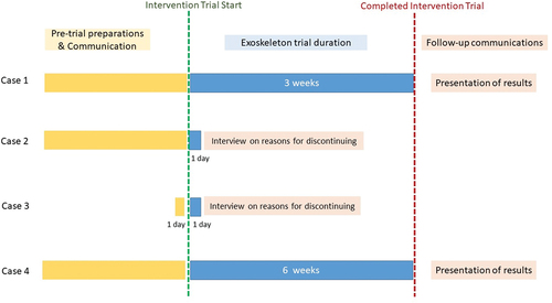 Figure 5. Schematic representation of the exoskeleton intervention timeline for each of the investigated cases.