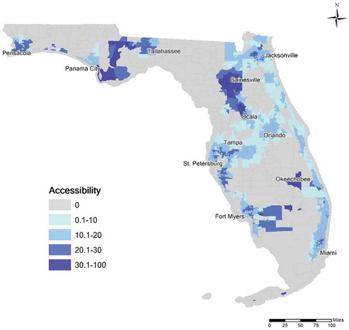 Figure 2. Accessibility to COVID-19 testing sites at census tract level in Florida