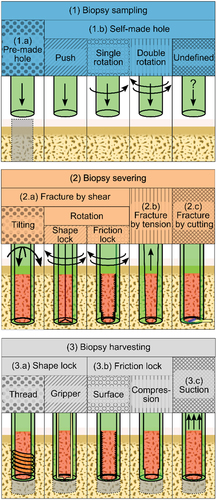 Figure 2. Overview of the methods used for (1) sampling the biopsy (2) severing the biopsy and (3) harvesting the biopsy in patent literature. The cannula is indicated in green, the biopsy in red and additional structures in yellow. The arrows indicate the motions of the cannula.