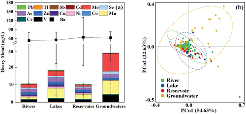 Figure 5. Distribution of heavy metals (a) and the structural composition (b) in various drinking water sources.