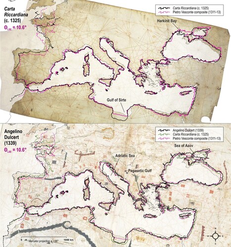 Figure 2. The overlay of the Carta Riccardiana (c. 1325) and its vectorized coastline (the upper part) and the overlay of Angelino Dulcert’s 1339 chart and its vectorized coastline (the lower part) with the vectorized coastlines of some of the earlier-made portolan charts. Chart sources: Biblioteca Riccardiana, Ricc. 3827.; Bibliothèque nationale de France, GE B-696 (RES). Basemap shapefile source: marineregions.org (Claus et al., Citation2017).