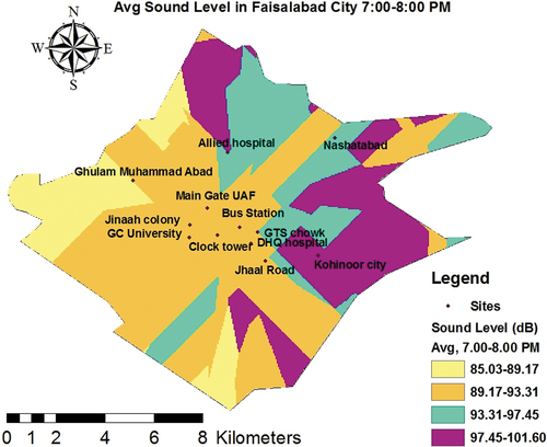 Figure 14. GIS map of average sound level data (7–8 pm).