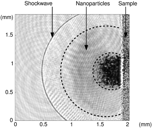 FIG. 10 Shadowgraphic image of the aerosol puff 1 μs after the laser shot on the paint.