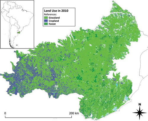 Figure 1. Map of the study area showing the main categories of LULC in 2010 (MGAP Uruguay, MVOTMA Uruguay & FAO, Citation2011). Inserted map of South America, showing the study area (green zone)