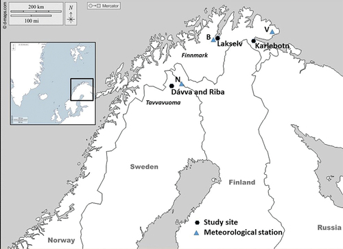 Figure 1. Map showing the four sampling sites in northern Fennoscandia. Dávva and Riba in Tavvavuoma, Sweden, and Lakselv and Karlebotn in Finnmark, Norway. Meteorological stations: N = Naimakka, B = Banak and V = Vardø Radio (d-maps.com Citation2022).