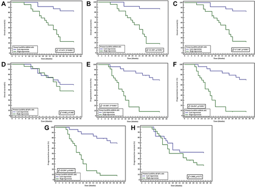 Figure 3 Kaplan-Meier survival curve for overall survival and progression-free survival with studied lncRNA. (A) Kaplan-Meier survival curve for overall survival with tissue lncRNA ASB16-AS1. (B) Kaplan-Meier survival curve for overall survival with plasma lncRNA ASB16-AS1. (C) Kaplan-Meier survival curve for overall survival with tissue lncRNA AFAP1-AS1. (D) Kaplan-Meier survival curve for overall survival with plasma lncRNA AFAP1- AS1. (E) Kaplan-Meier survival curve for progression-free survival with tissue lncRNA ASB16-AS1. (F) Kaplan-Meier survival curve for progression-free survival with plasma lncRNA ASB16-AS1. (G) Kaplan-Meier survival curve for progression-free survival with tissue lncRNA AFAP1-AS1. (H) Kaplan-Meier survival curve for progression-free survival with plasma lncRNA AFAP1-AS1.