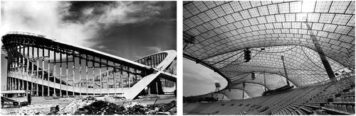 Figure 3. Innovative tensile structures: (a) Matthew Nowicki and Fred Severud, Dorton Arena during construction, North Carolina, United States, 1952 (Credit: Brazilian National Archives Public Domain, via Wikimedia Commons, 1952); and (b) Frei Otto, The Olympic Stadium for the 1972 Munich Olympic Games. Germany, 1972. (Credit: J. Royan CC BY-SA 3.0, via Wikimedia Commons, 2007)
