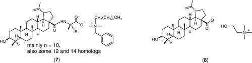 Scheme 3.  Structures of benzalkonium salt of betulinic acid-glycine (7, [Bzk][BA-Gly]), and cholinium salt of betulinic acid (8, [Choline][BA]).