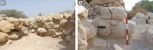 Fig. 5: Stone revetment near the northern wall of the platform; a) looking east, with the inner face of Wall 324 visible on the left; b) the outer (northern) face in the western edge of W324, looking south