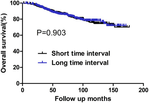 Figure 1 OS for the whole group stratified by time interval. No significant difference was found in OS between patients with short and long time intervals (P=0.903).