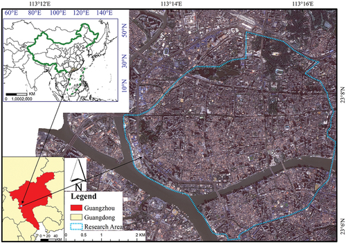 Figure 2. Research area (bounded by blue lines in the figure), among the Haizhu, Yuexiu, and Liwan Districts in Guangzhou, Guangdong Province, China.