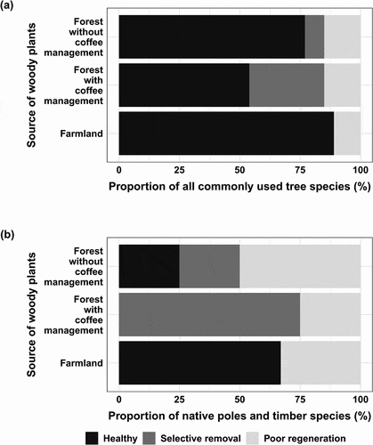 Figure 4. (a) Proportion of all naturally regenerating commonly used tree species with healthy population profile (dark shaded); with selective removal population profile (dark grey shaded); and with poor regeneration and lack of old trees population profile (light grey shaded) in major land use types, i.e. sources of woody plant benefits. (b) Proportion of the most widely used native poles and timber species with healthy population profile (dark shaded); with selective removal population profile (dark grey shaded); and with poor regeneration and lack of old trees population profile (light grey shaded) in major land use types. Note that there were three native species (Cordia africana, Ficus sur, and Syzygium guineense) from which poles and timber were produced in farmland; and four (Cordia africana, Ficus sur, Pouteria adolfi-friederici, and Syzygium guineense) in forests (see Table 3 and Fig. S2).