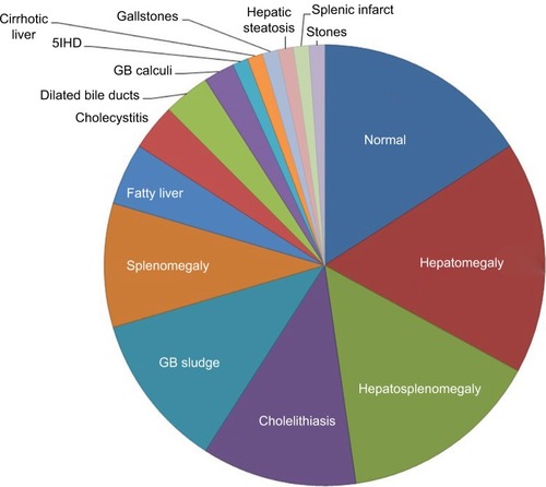 Figure 1 Abdomen ultrasound scanning results: a pie chart showing the types and frequency of pathological findings.