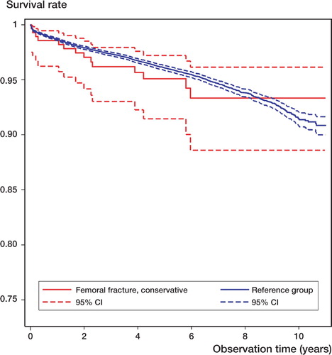 Figure 1. THA survival curve for patients with conservatively treated intraoperative femoral fracture and for the reference group (no femoral fracture intraoperatively). Note that the y‐axis does not start at zero.