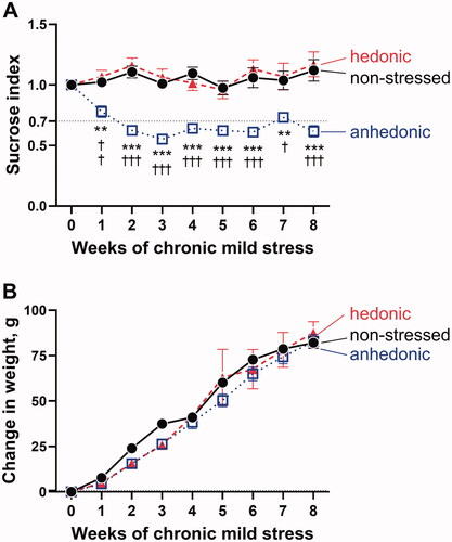 Figure 1. Based on the sucrose preference test, the stressed hedonic (n = 11) and anhedonic rats (n = 16) were identified and compared to nonstressed rats (n = 14) (A). Anhedonia-like behavior was defined as >30% reduction in sucrose consumption compared with baseline (horizontal dotted black line). A significant differences between groups (F(2, 38) = 41.24, p<.0001) and over time (F(4.88, 183.60) = 3.43, p=.006) was seen. The hedonic group did not differ in sucrose index from the non-stressed group, whereas the group with anhedonia-like behavior had a significantly reduced sucrose index after CMS. There was no significant difference in weight changes over time between the groups (B). *p<.01 and ***p<.001 for the anhedonia-like group vs. nonstressed controls; †p < .05, ††p<.01, and †††p<.001 for the anhedonia-like group vs. the hedonic group (ANOVA followed by Tukey correction for multiple comparison).