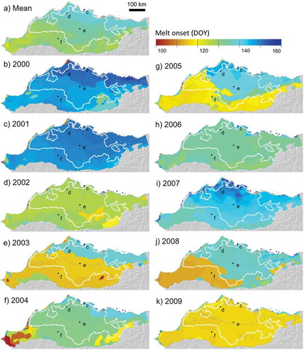 Figure 6. Day of year (DOY) of melt onset detected from QuikSCAT V-pol daily backscatter: the 2000–2009 mean (a) and the melt maps from 2000 (b), 2001 (c), 2002 (d), 2003 (e), 2004 (f), 2005 (g), 2006 (h), 2007 (i), 2008 (j), and 2009 (k). The white line outlines the area with consistent results (< 4 days of difference) between the two datasets. The gray line represents the boundary between the ecoregions (Brooks Foothills and Beaufort Coastal Plain). Example PCMN stations are indicated for references (black points, see Figure 1).
