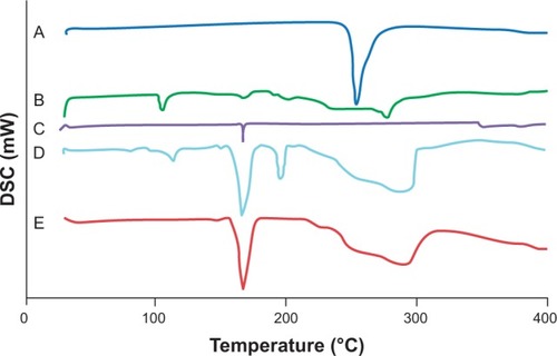 Figure 4 DSC chromatograms of the drug (A), SDS (B), mannitol (C), physical mixture (D), and formula F12 (E).Abbreviations: DSC, differential scanning calorimetry; SDS, sodium dodecyl sulfate.