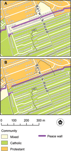 Figure 1 (A) Community definitions based on UK population census small area statistics for 2011. Areas defined based on greater than 65 percent Catholic or Protestant. (B) Adjusted community definition accounting for street layout, presence of peace walls, and known community boundaries.