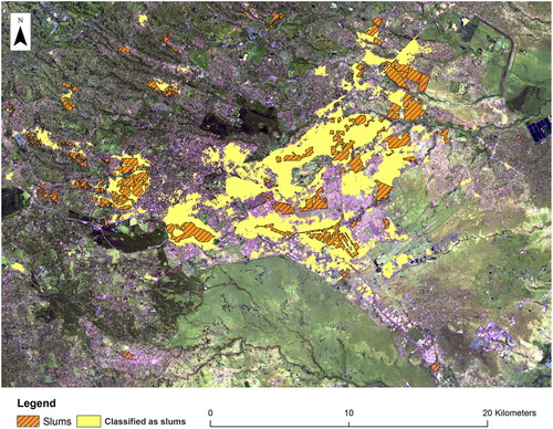 Figure 4. Urban and slum areas in Nairobi (False composite image created by stacking image bands 7, 6 and 4 from the Landsat 8 satellite. Pink to white tones highlight urban areas).