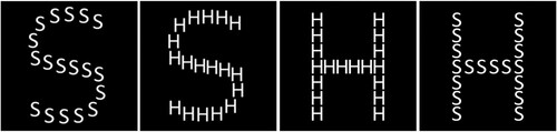 Figure 2. Examples of the stimuli used in the Navon’s task.Note. (From left to right) S-congruent, S-incongruent, H-congruent, and H-incongruent.