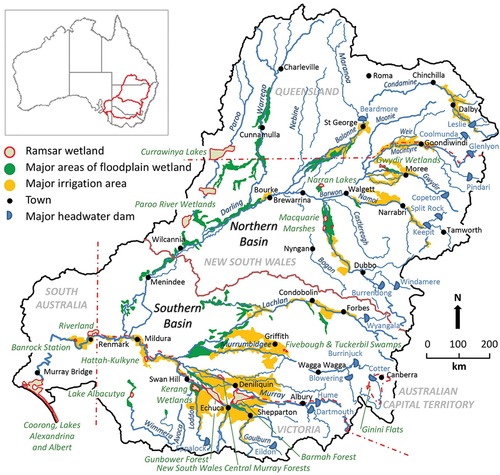 Figure 1. Map of the Murray–Darling Basin, showing irrigation areas, major rivers, wetlands and regional centres.