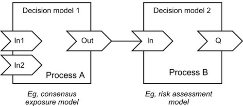 Figure 13 A conceptual dataflow diagram.Notes: The output variable of process A can be bound to the input variable of process B. For example, the dosage (output) predicted by a consensus exposure model can be used as an input to the risk assessment model.