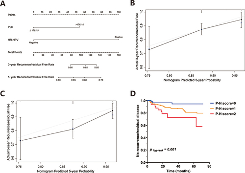 Figure 4 Established models for predicting the prognosis in patients. (A) Nomogram for predicting recurrence/residual disease by Cox regression; (B) Calibration plot at the 3-year follow-up; (C) Calibration plot at the 5-year follow-up; (D) Higher PLR & HR-HPV (P-H) score led to worse prognosis at the 5-year follow-up.